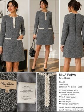 Miss Patina Tweed Dress Gray Fringe Trim Long Sleeve Size M
